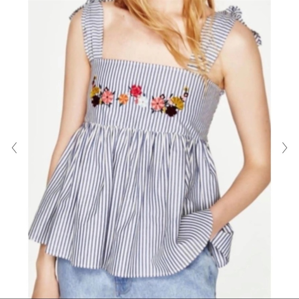 Zara Women’s Blue and White Striped Floral Embroidered Striped Peplum Top
